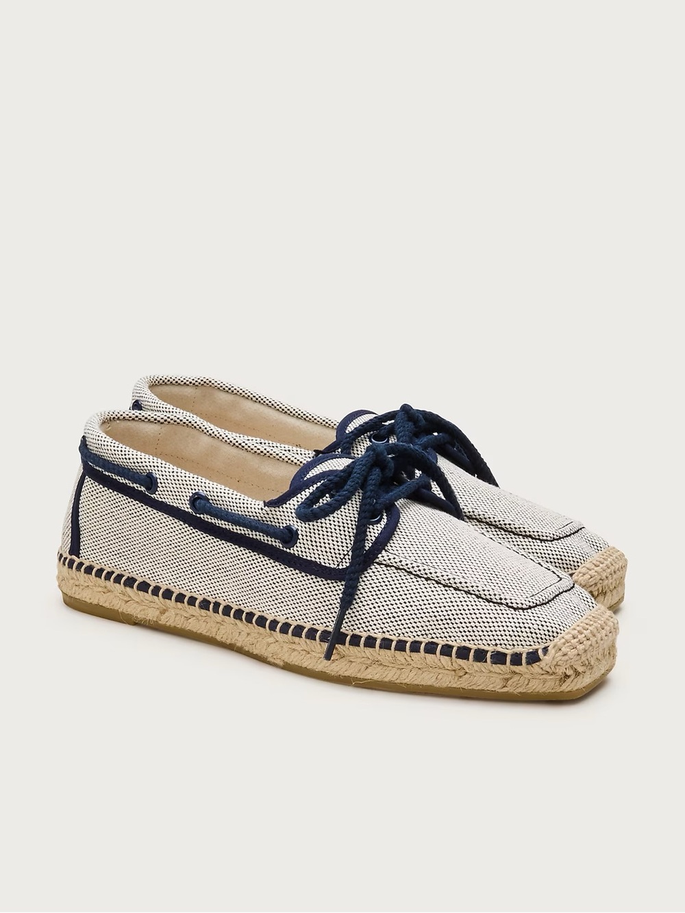 J. Crew White Canvas Espadrille Boat Shoes with Navy Trim